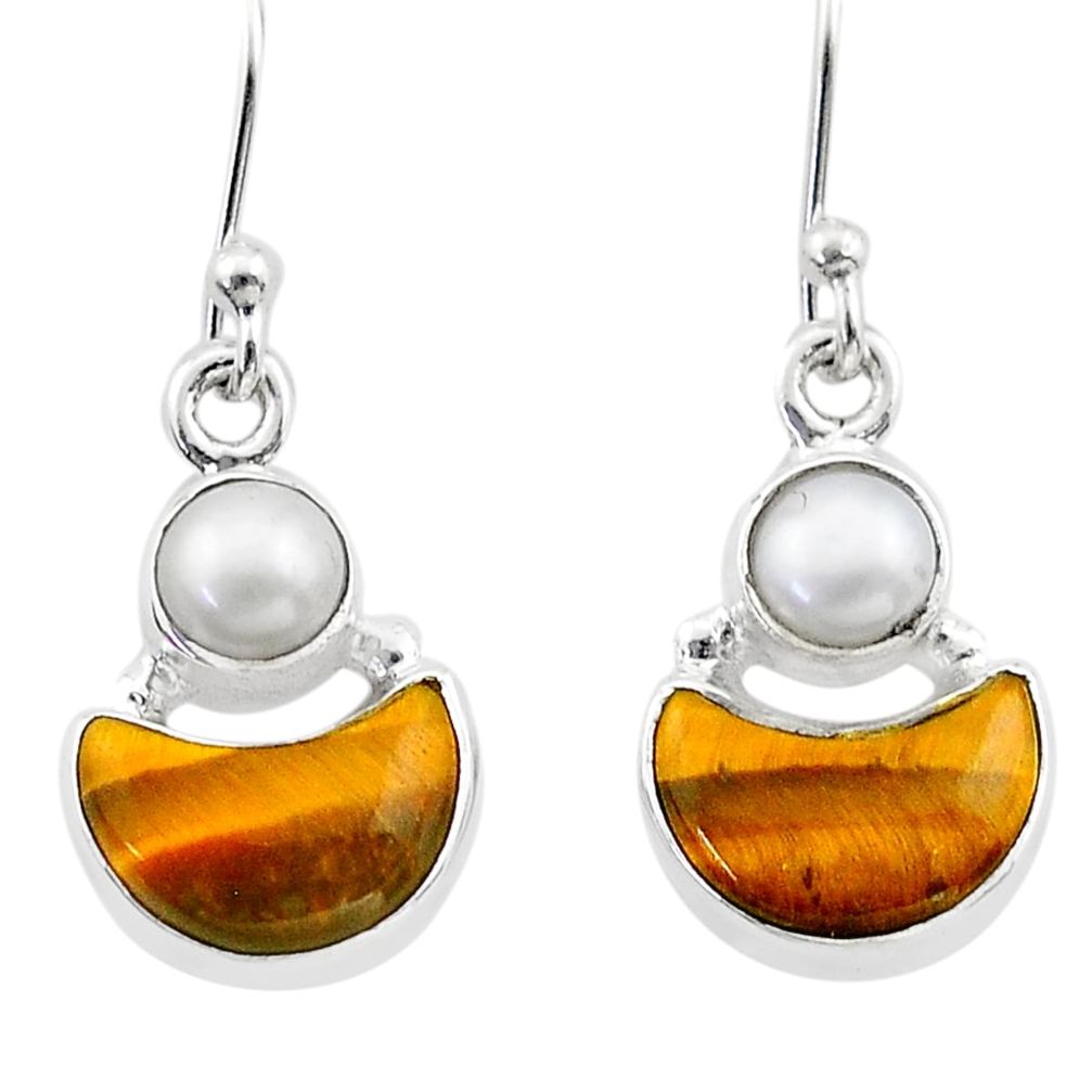 925 silver 7.36cts moon natural tiger's eye white pearl dangle earrings t68924