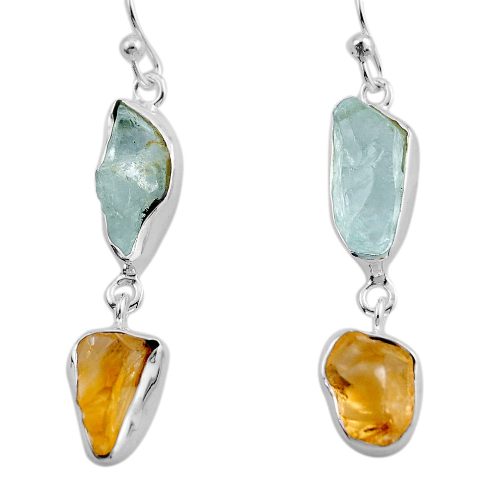 925 silver 11.56cts natural aqua aquamarine citrine rough dangle earrings y94756