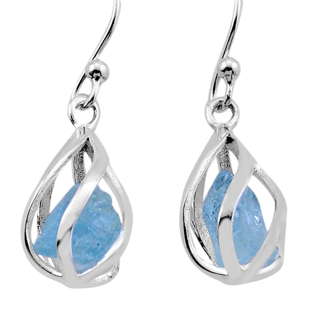 925 silver 6.97cts natural aqua aquamarine rough dangle cage earrings n45346