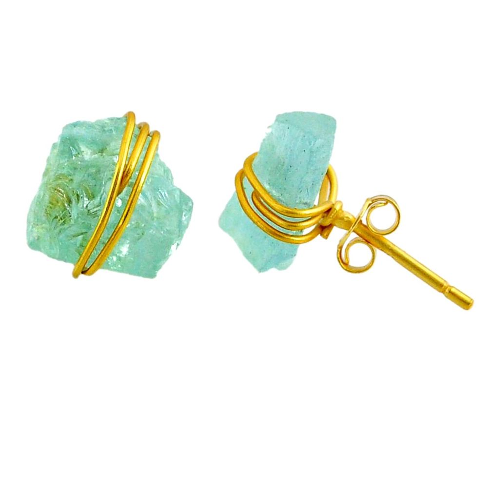 8.38cts natural aqua aquamarine raw fancy 14k gold handmade stud earrings r79784
