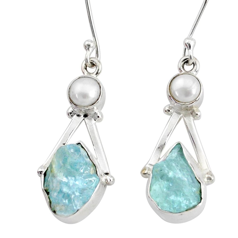 925 silver 11.66cts natural aqua aquamarine raw white pearl earrings r73006