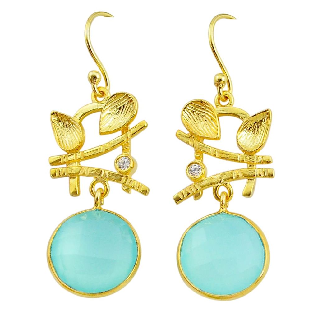 12.03cts natural aqua chalcedony 14k gold handmade dangle earrings t11538