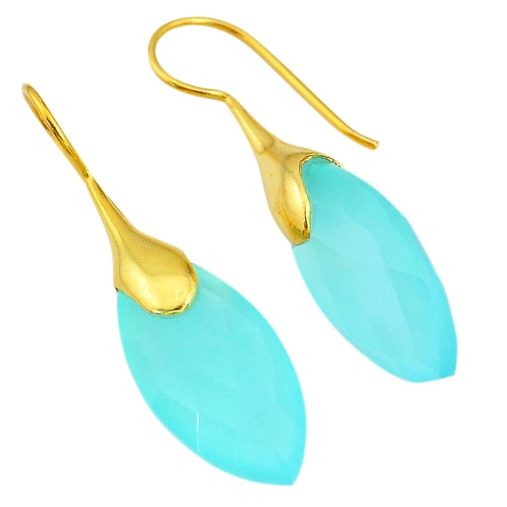 19.12cts natural aqua chalcedony 14k gold handmade dangle earrings t11567