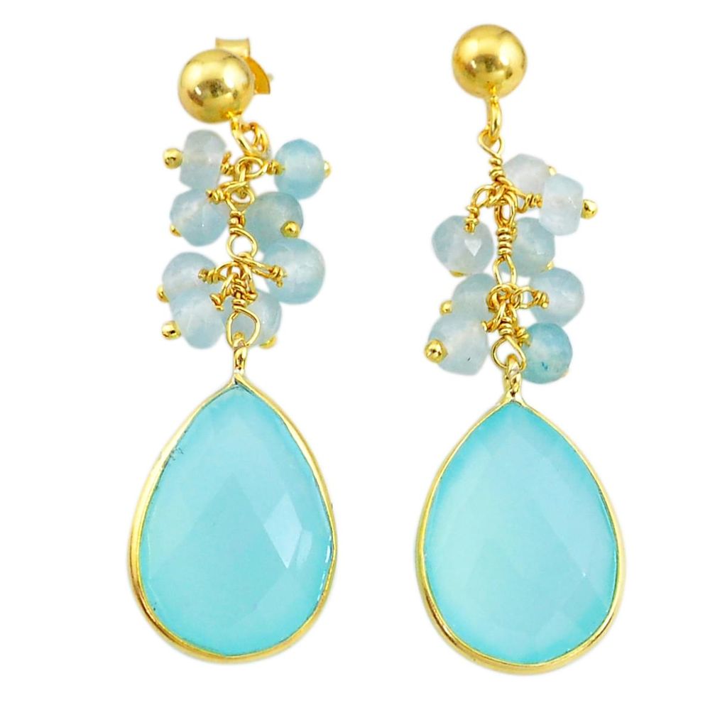 Handmade18.15cts natural aqua chalcedony 14k gold dangle earrings t16587