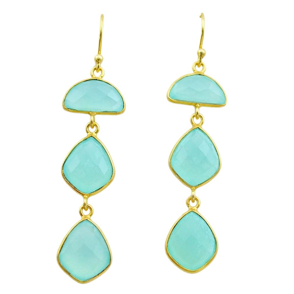 925 silver 17.05cts natural aqua chalcedony 14k gold dangle earrings t44158