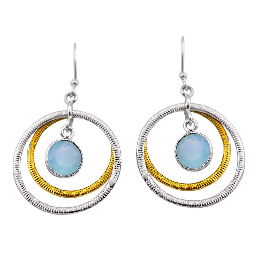 925 silver 4.99cts natural aqua chalcedony round gold dangle earrings n51070