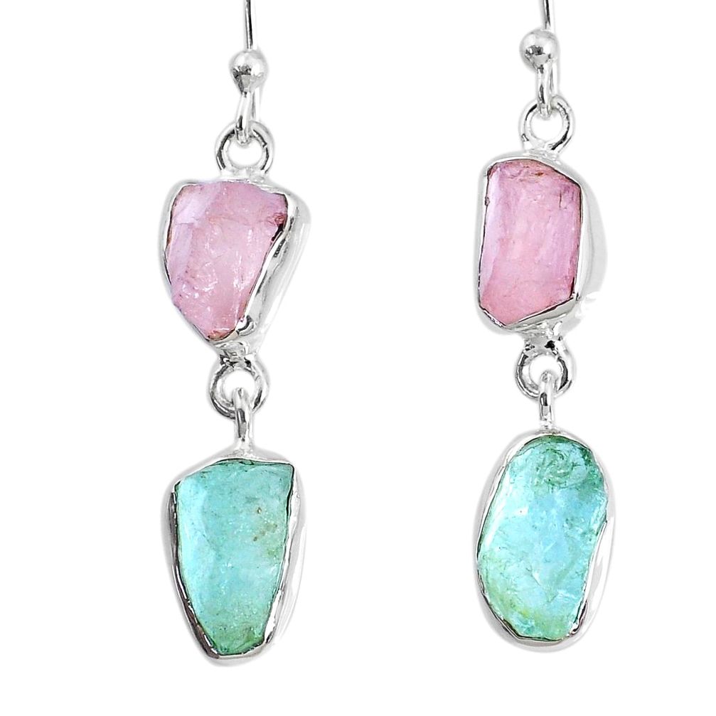 925 silver 9.83cts natural aquamarine rose quartz raw dangle earrings r74245