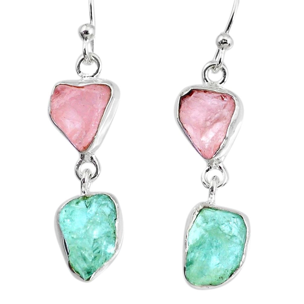 925 silver 9.86cts natural aquamarine rose quartz raw dangle earrings r74251