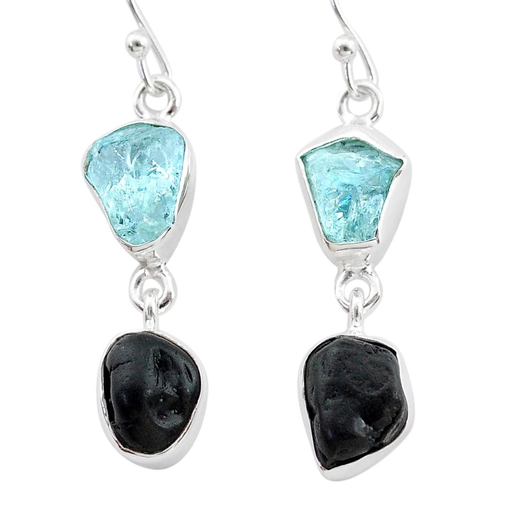 925 silver 10.76cts natural black tourmaline aquamarine raw earrings t21184