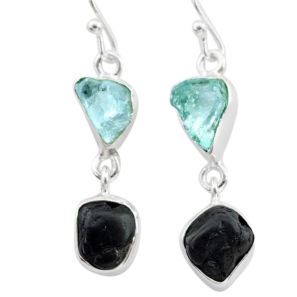 925 silver 9.86cts natural black tourmaline aquamarine raw earrings t21191