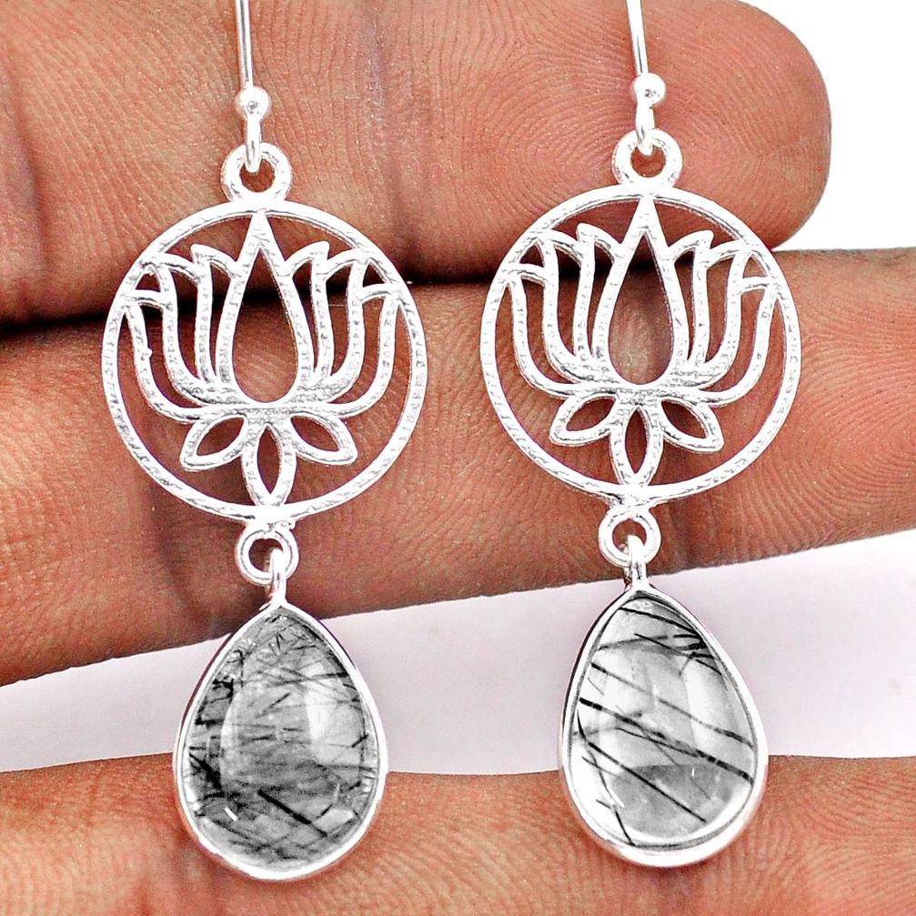 925 silver 12.38cts natural black tourmaline rutile lotus flower earrings t83868