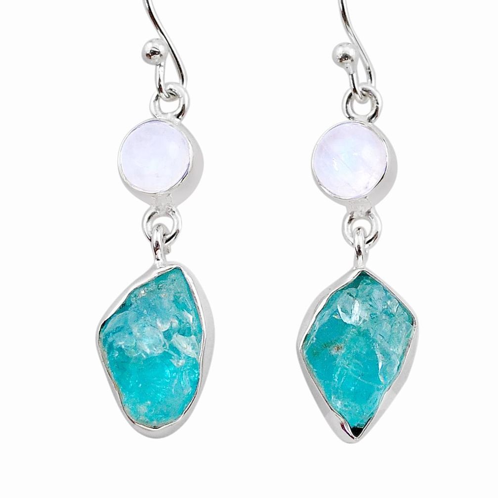 925 silver 12.07cts natural blue apatite raw moonstone dangle earrings t38236