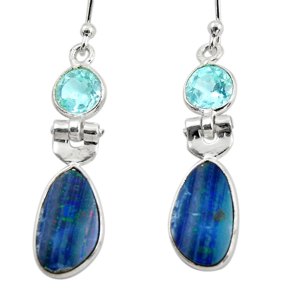 925 silver 7.36cts natural blue doublet opal australian dangle earrings r49999
