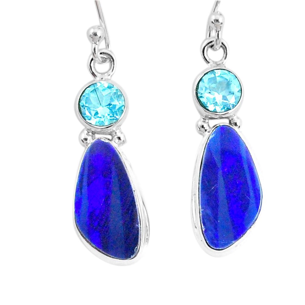 925 silver 7.39cts natural blue doublet opal australian dangle earrings r72684