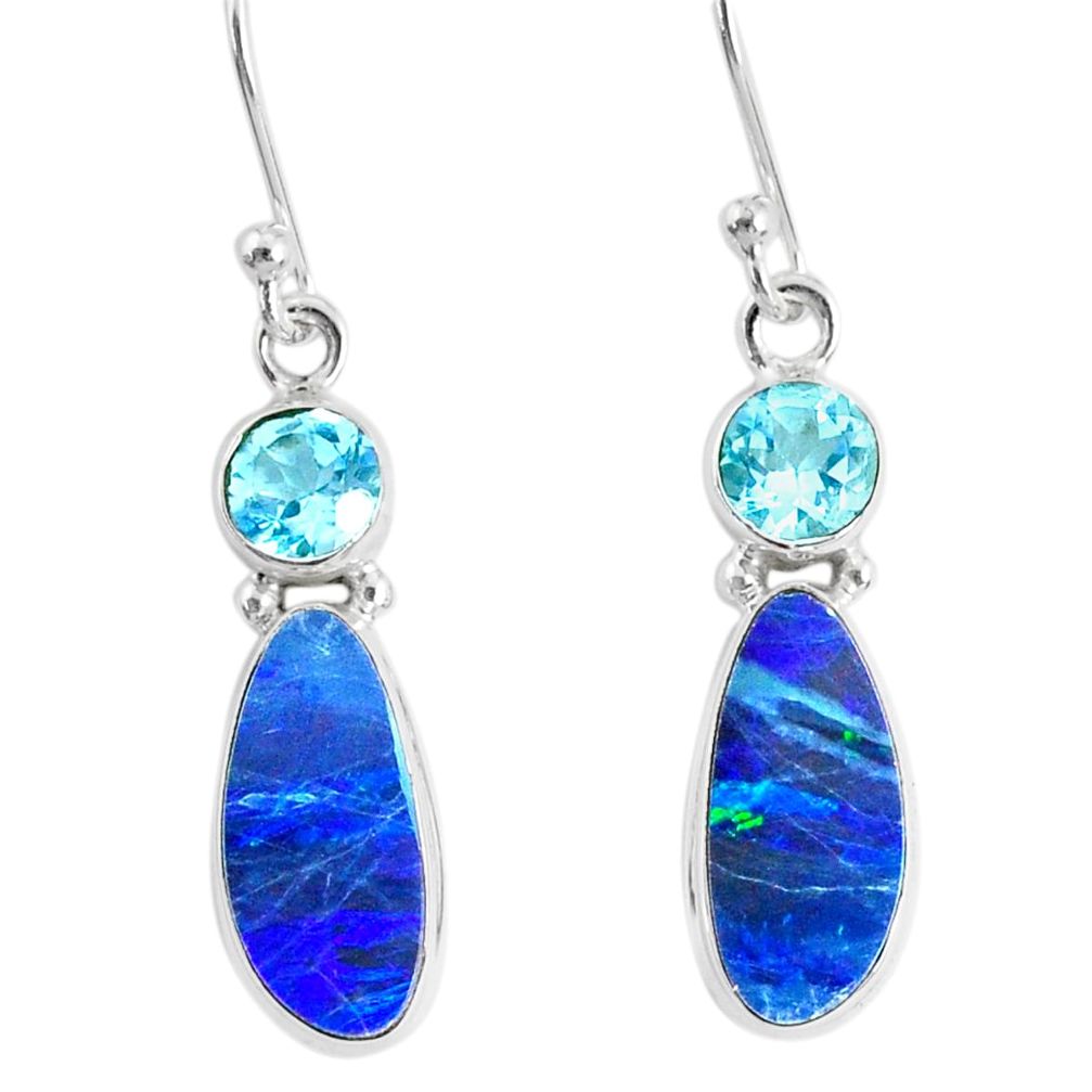 925 silver 7.64cts natural blue doublet opal australian dangle earrings r76550