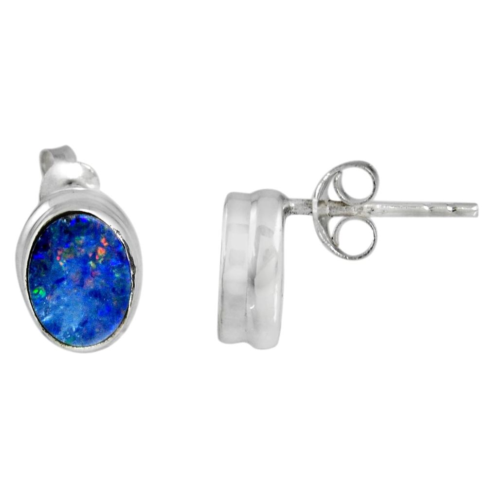 925 silver 2.14cts natural blue doublet opal australian stud earrings r56324