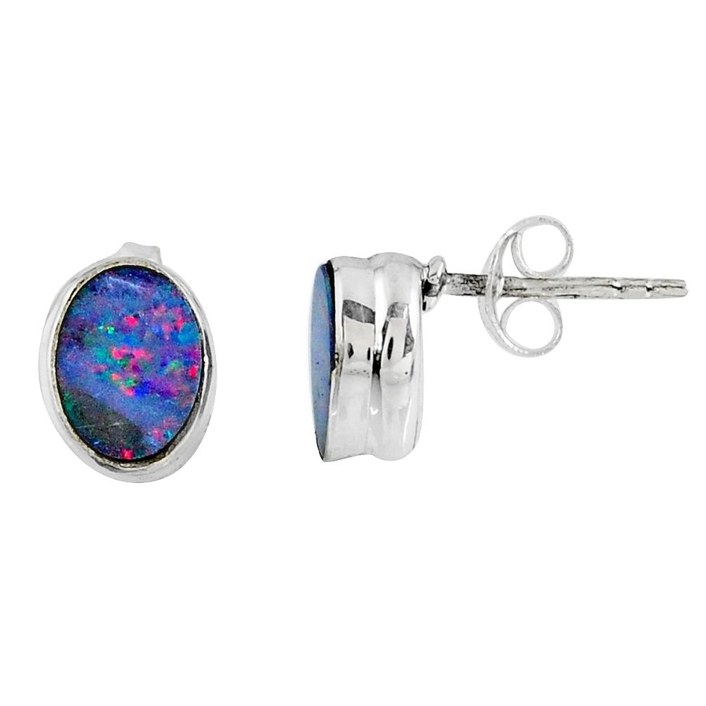 925 silver 2.44cts natural blue doublet opal australian stud earrings r58520