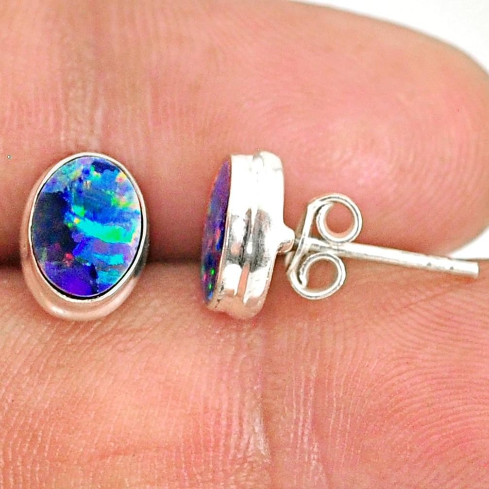 925 silver 3.41cts natural blue doublet opal australian stud earrings r84838