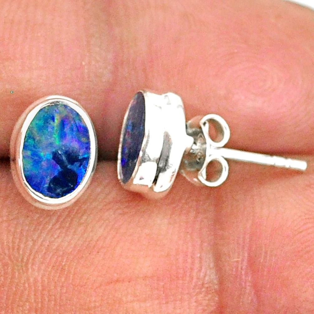 925 silver 2.75cts natural blue doublet opal australian stud earrings r84853