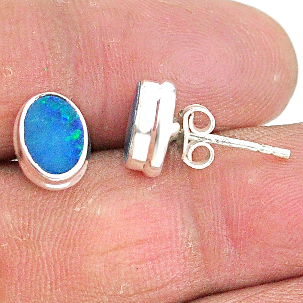 925 silver 2.92cts natural blue doublet opal australian stud earrings t3487