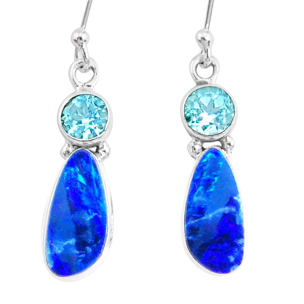 925 silver 7.66cts natural blue doublet opal australian topaz earrings r72740