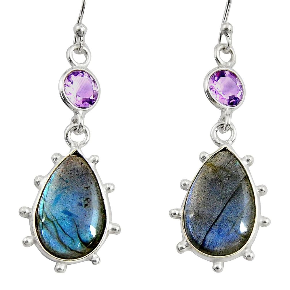 925 silver 14.08cts natural blue labradorite amethyst dangle earrings r29213