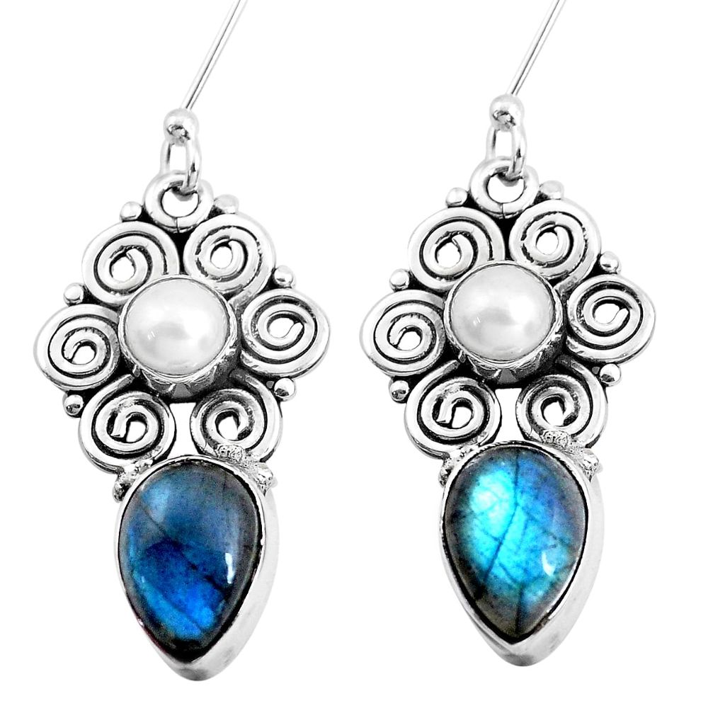 925 silver 9.10cts natural blue labradorite white pearl dangle earrings p41299