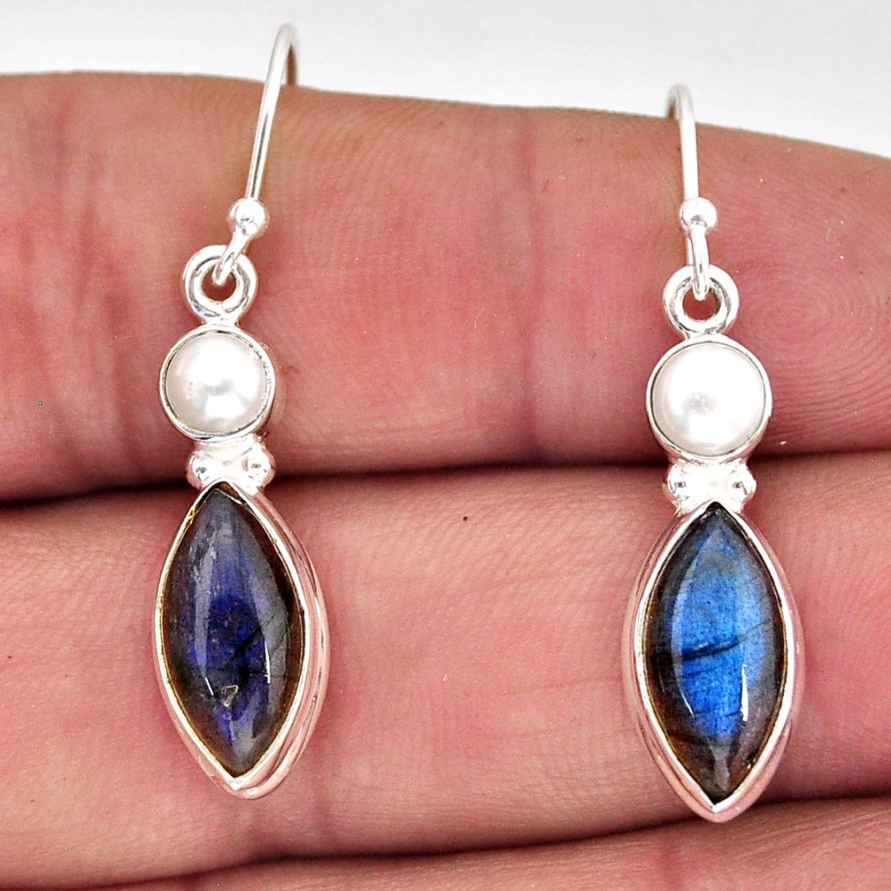 925 silver 9.61cts natural blue labradorite white pearl dangle earrings y75554