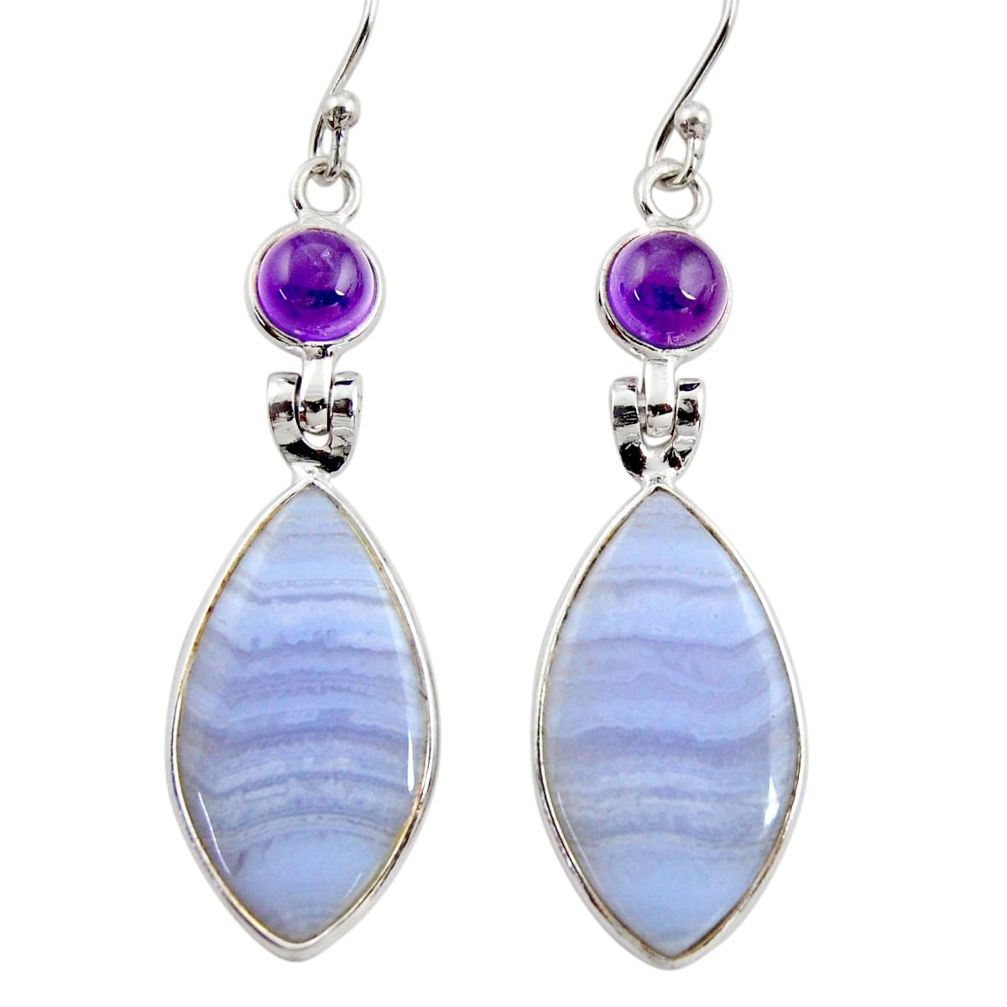 925 silver 15.25cts natural blue lace agate amethyst dangle earrings r30425