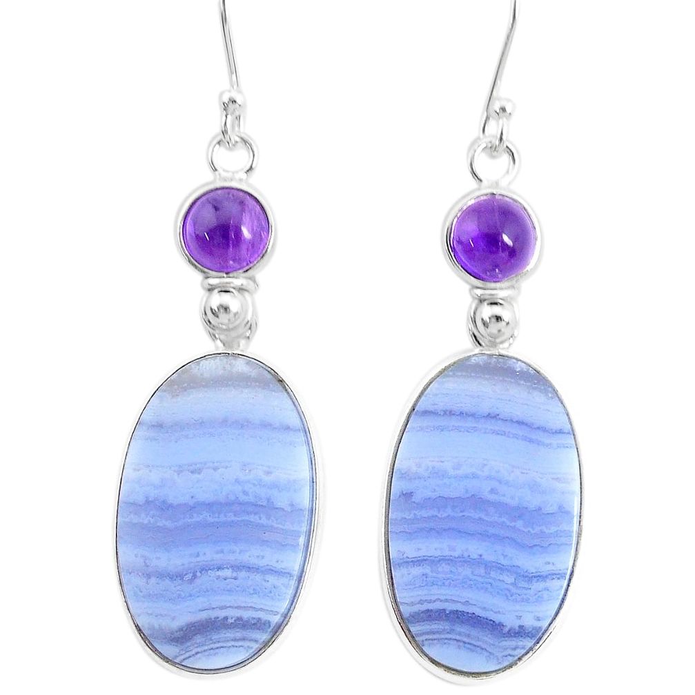 925 silver 22.50cts natural blue lace agate amethyst dangle earrings r86810