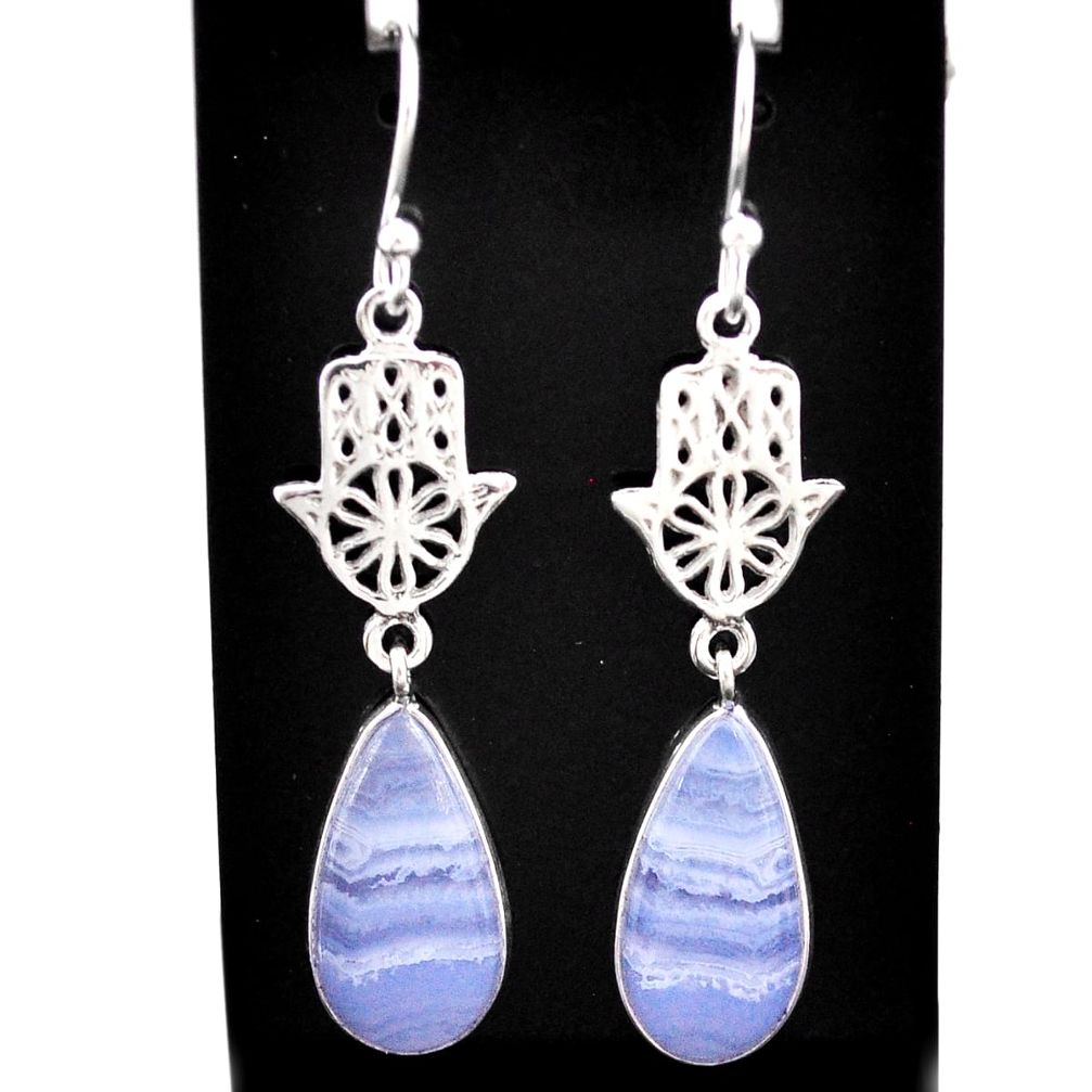 925 silver 11.04cts natural blue lace agate hand of god hamsa earrings t60739