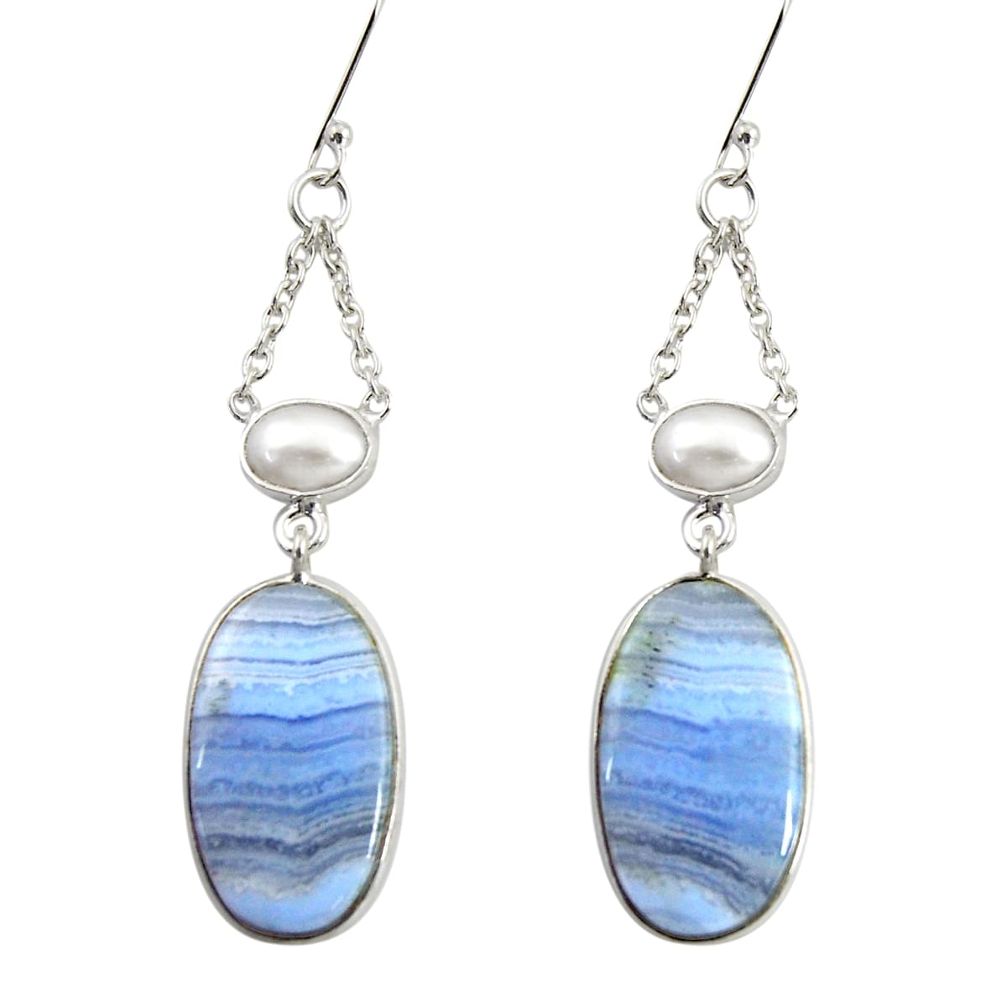 925 silver 19.29cts natural blue lace agate pearl dangle earrings d39544
