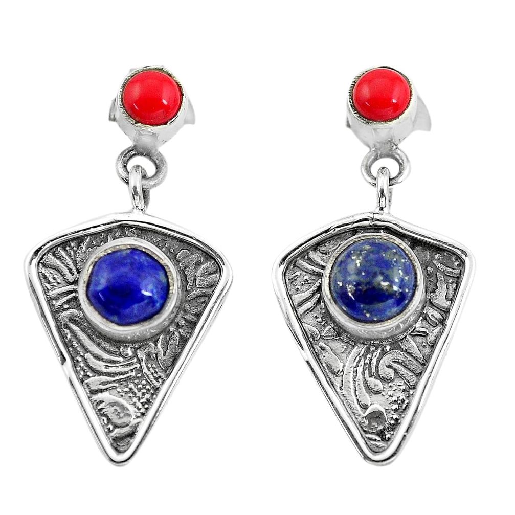 925 silver 4.26cts natural blue lapis lazuli red coral dangle earrings p57587