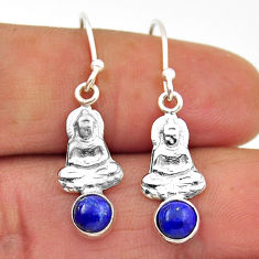 925 silver 1.94cts natural blue lapis lazuli round buddha charm earrings n28934