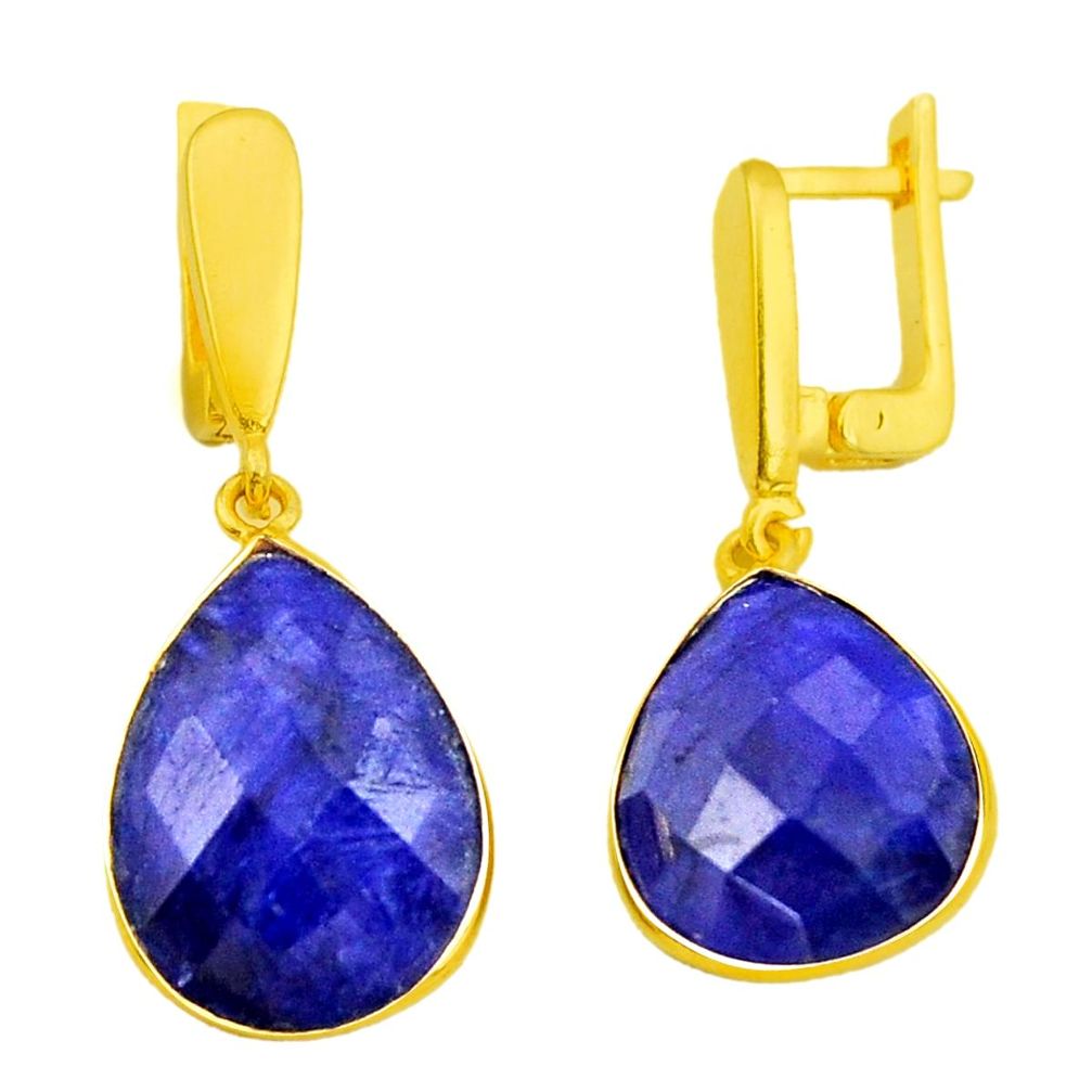 925 silver 22.30cts natural blue sapphire 14k gold dangle earrings r32540