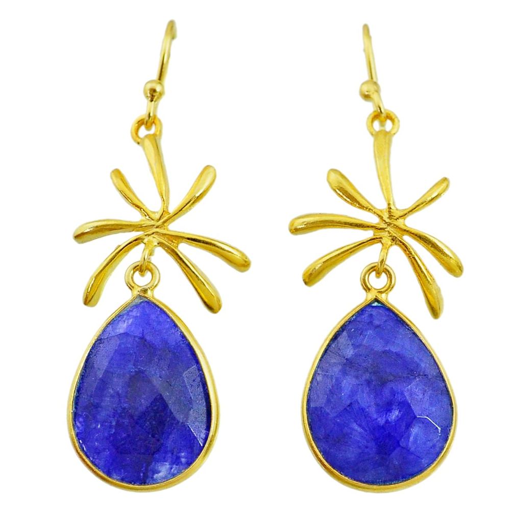 15.52cts natural blue sapphire 14k gold handmade dangle earrings t11408