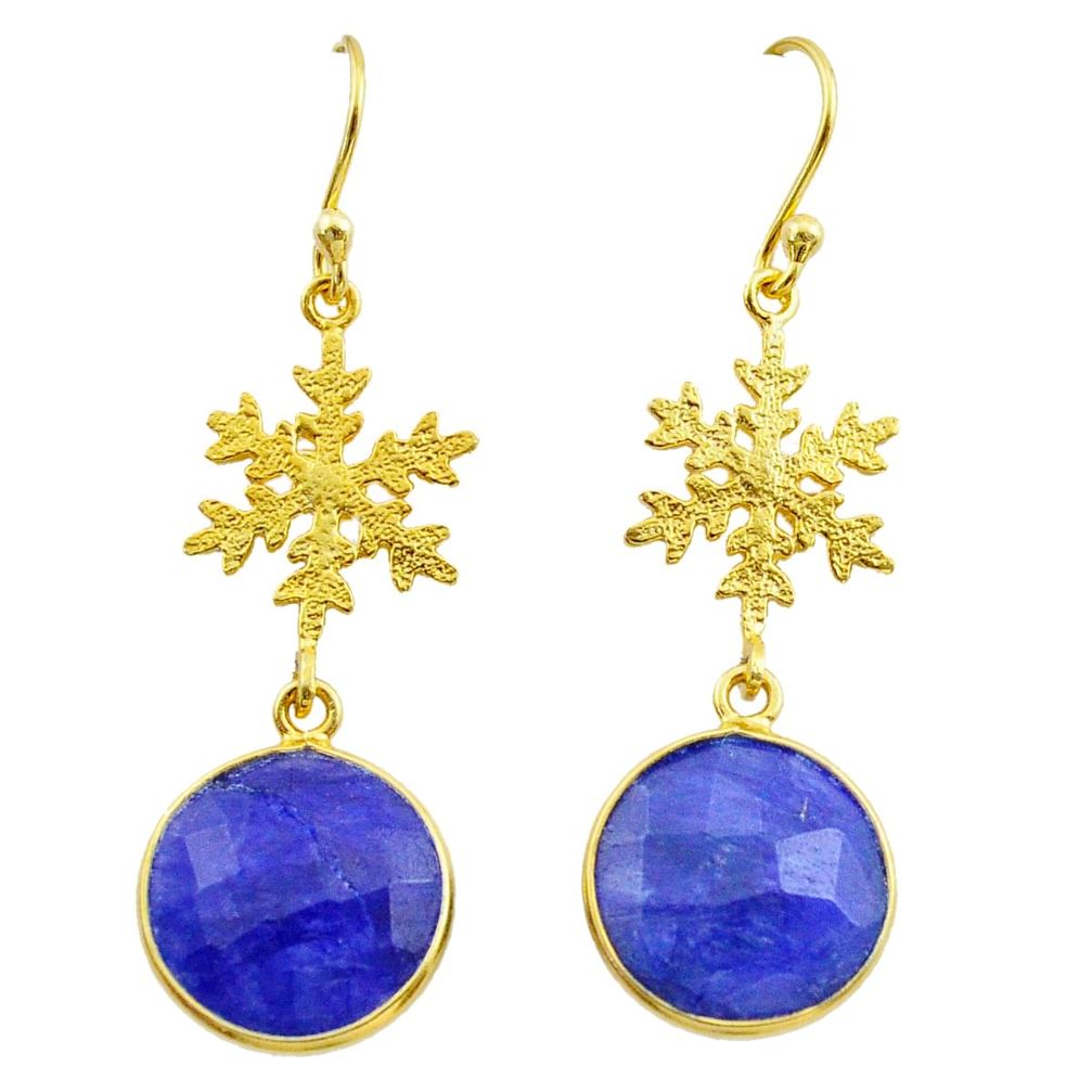 925 silver 11.73cts natural blue sapphire 14k gold dangle earrings t44173