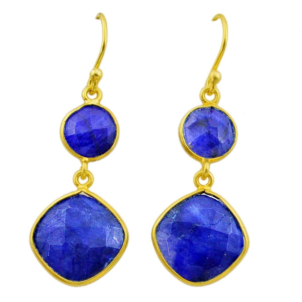 925 silver 11.93cts natural blue sapphire 14k gold dangle earrings t44188