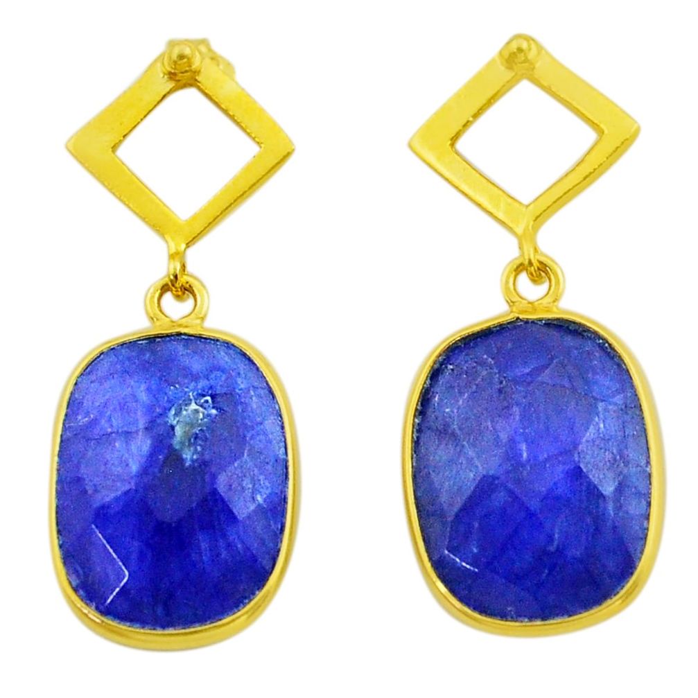 925 silver 11.20cts natural blue sapphire 14k gold dangle earrings t44199