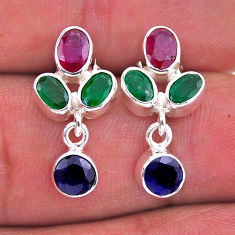 925 silver 5.70cts natural blue sapphire emerald red ruby dangle earrings n49525