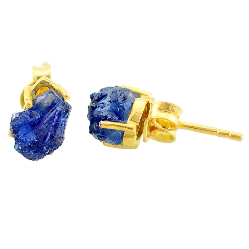 5.38cts natural blue sapphire raw 14k gold handmade stud earrings t7464