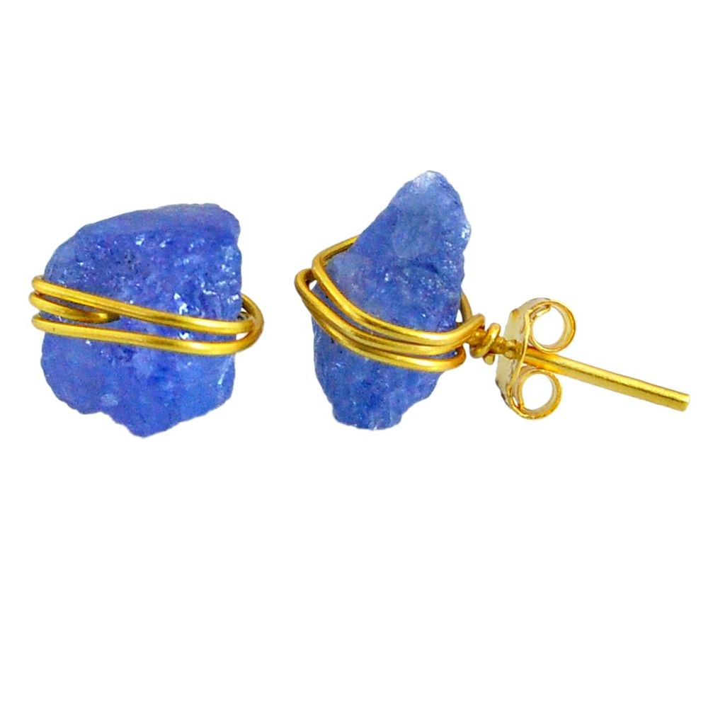10.50cts rough natural blue tanzanite raw 14k gold handmade stud earrings r79756