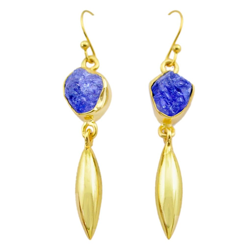 925 silver 9.37cts natural blue tanzanite rough 14k gold dangle earrings t29790