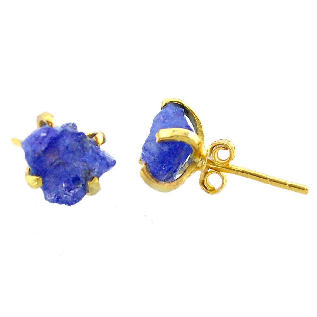 Handmade 5.29cts natural blue tanzanite raw 14k gold stud earrings t29853