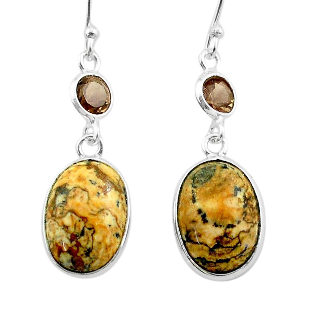 925 silver 10.50cts natural brown picture jasper smoky topaz earrings t54934