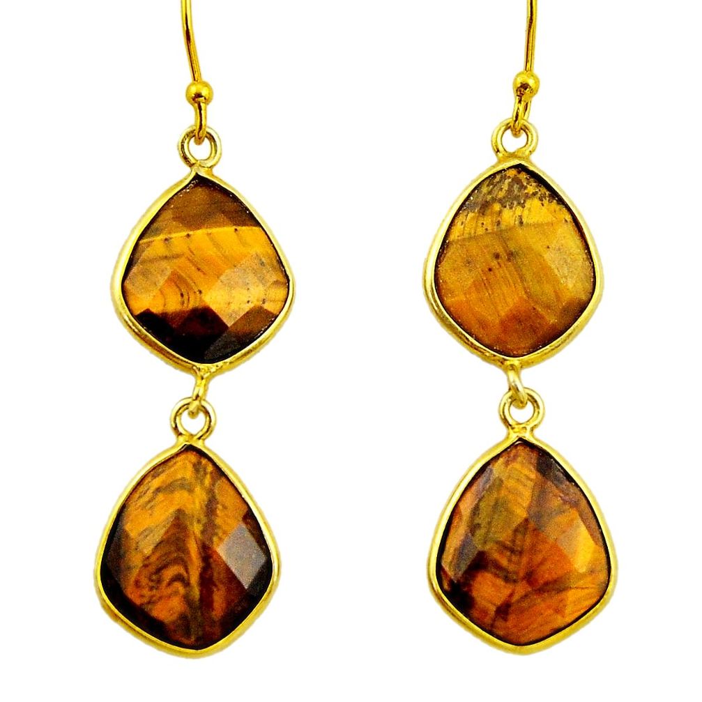 925 silver 17.43cts natural brown tiger's eye 14k gold dangle earrings r32460