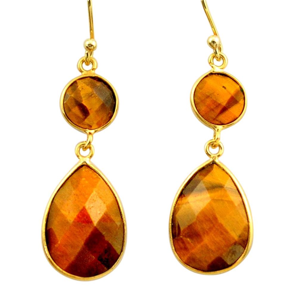 925 silver 14.85cts natural brown tiger's eye 14k gold dangle earrings r32714