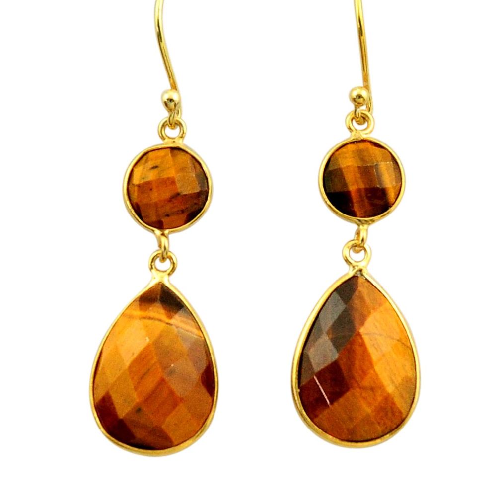 925 silver 17.32cts natural brown tiger's eye 14k gold dangle earrings r32718