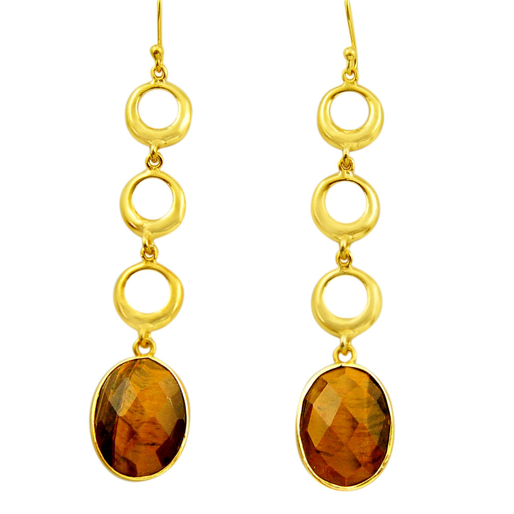 925 silver 18.82cts natural brown tiger's eye 14k gold dangle earrings r32734