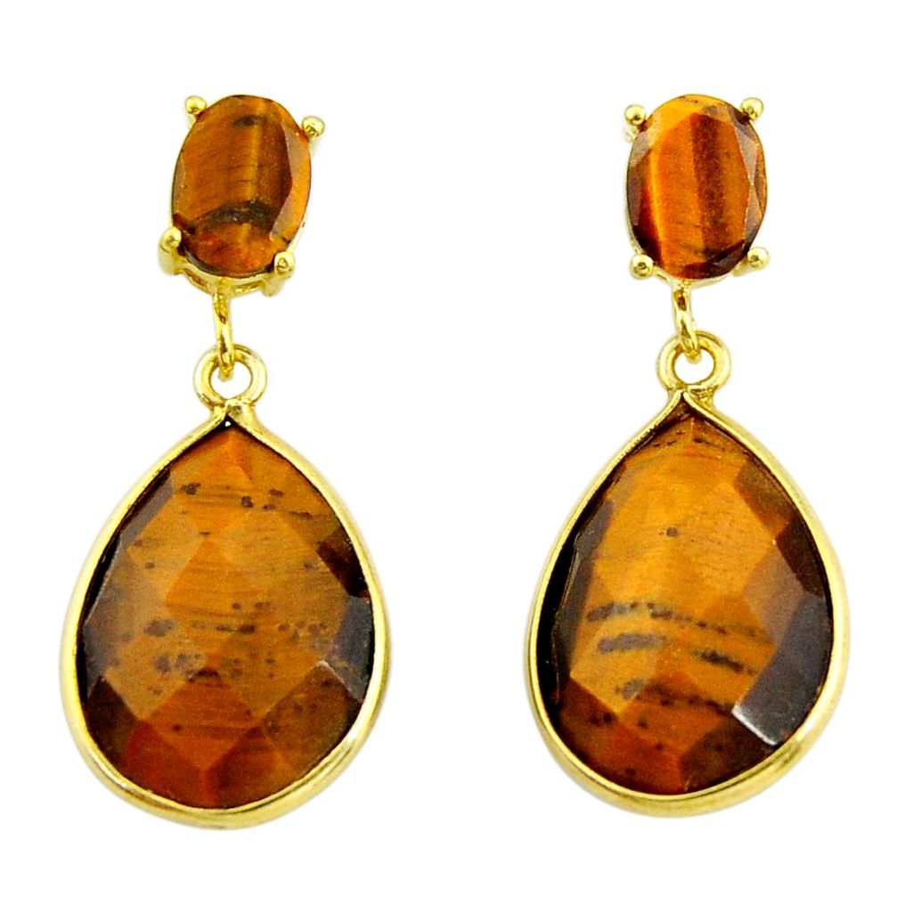 925 silver 23.23cts natural brown tiger's eye 14k gold dangle earrings r32819